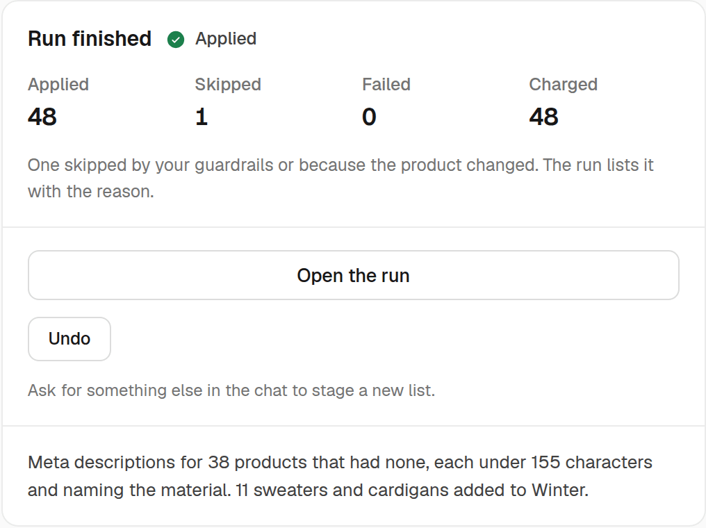 A finished run in Ecomsync: 48 changes applied, 1 skipped by the guardrails, with an Undo button.