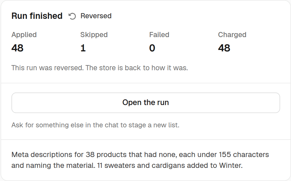 The same run after Undo: reversed, and the store is back to how it was.