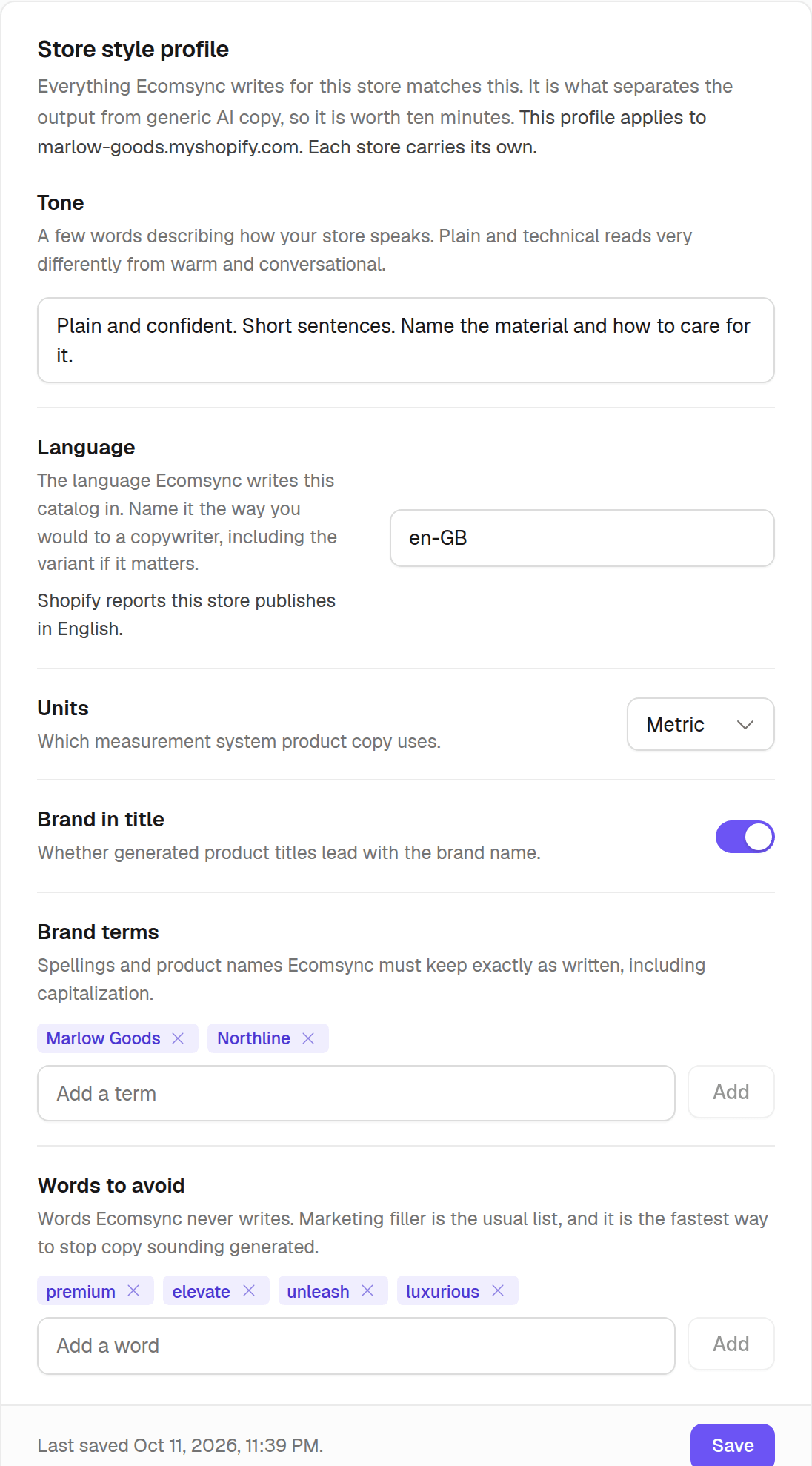 The store style profile in Ecomsync settings: tone, language, units, brand in title, brand terms and words to avoid.